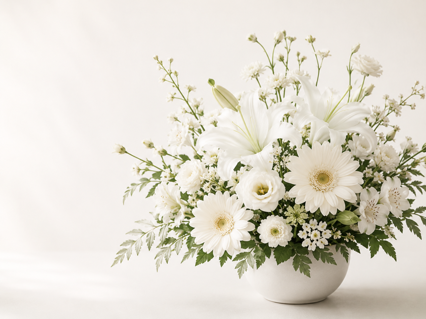 白い花を中心にした静かな花のアレンジメント